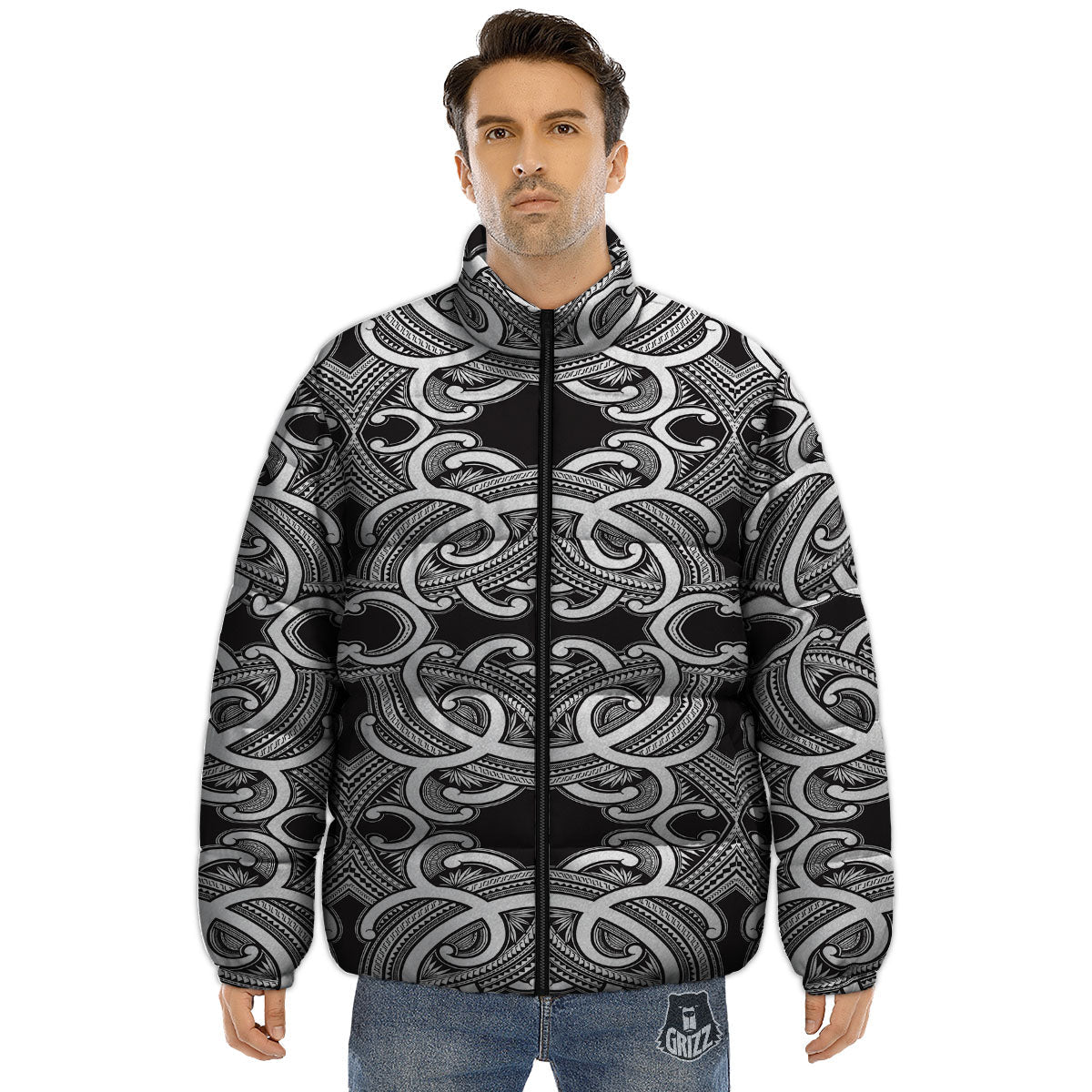 Polynesian Tattoo White And Black Print Puffer Jacket-grizzshop