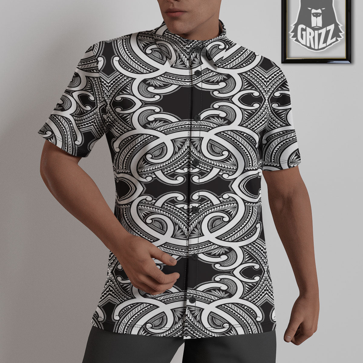 Polynesian Tattoo White And Black Print Untucked Shirts-grizzshop
