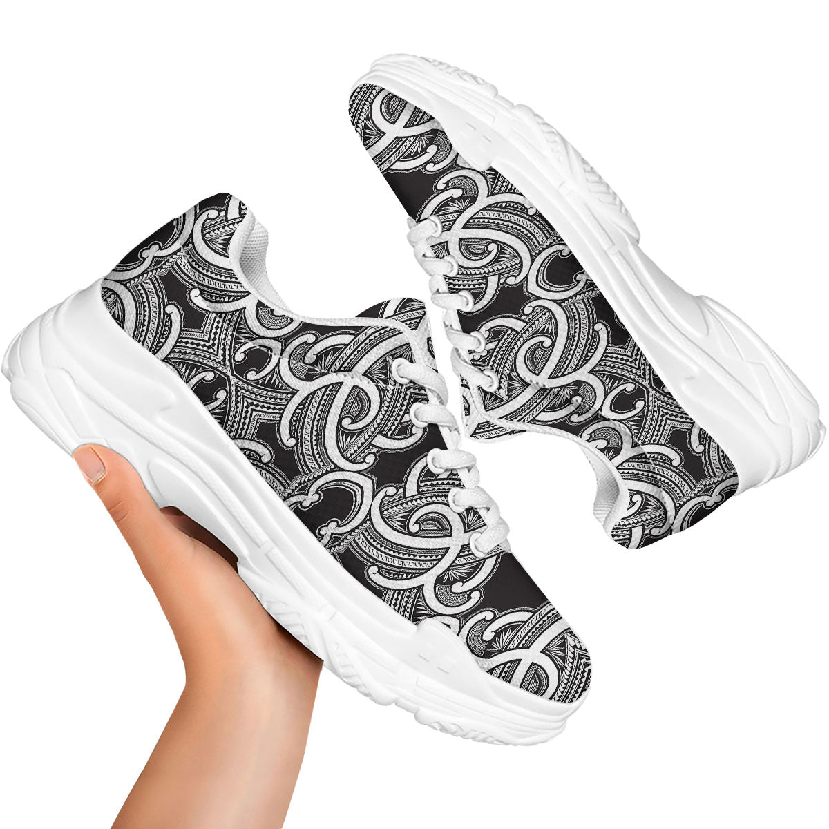 Polynesian Tattoo White And Black Print White Chunky Shoes-grizzshop