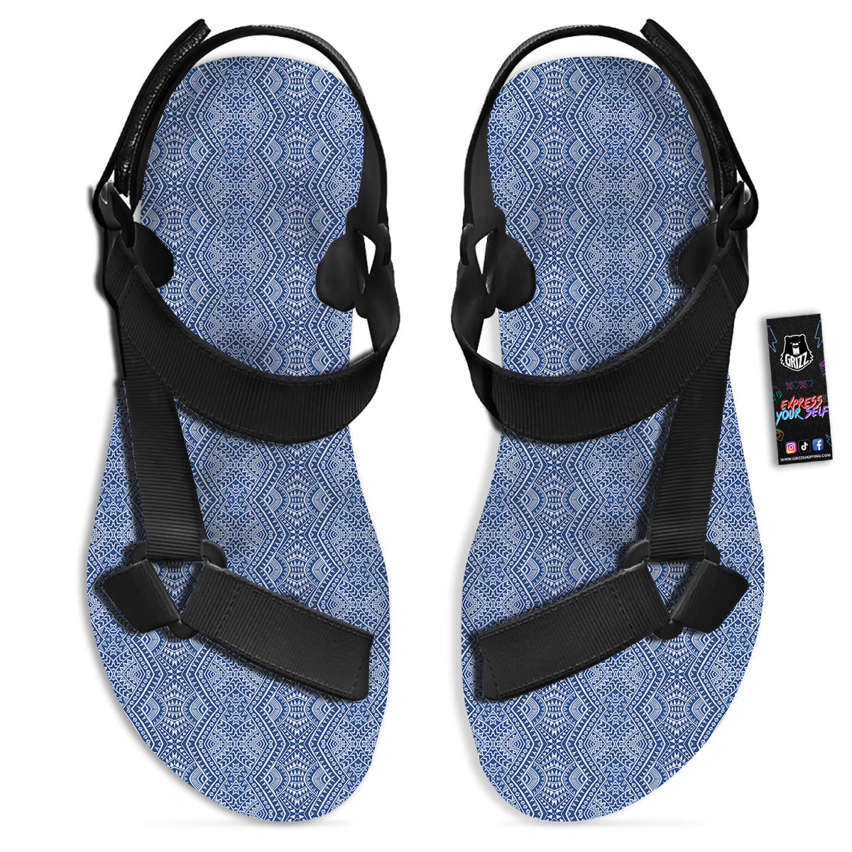 Polynesian Tribal Blue Maori Print Black Open Toe Sandals-grizzshop