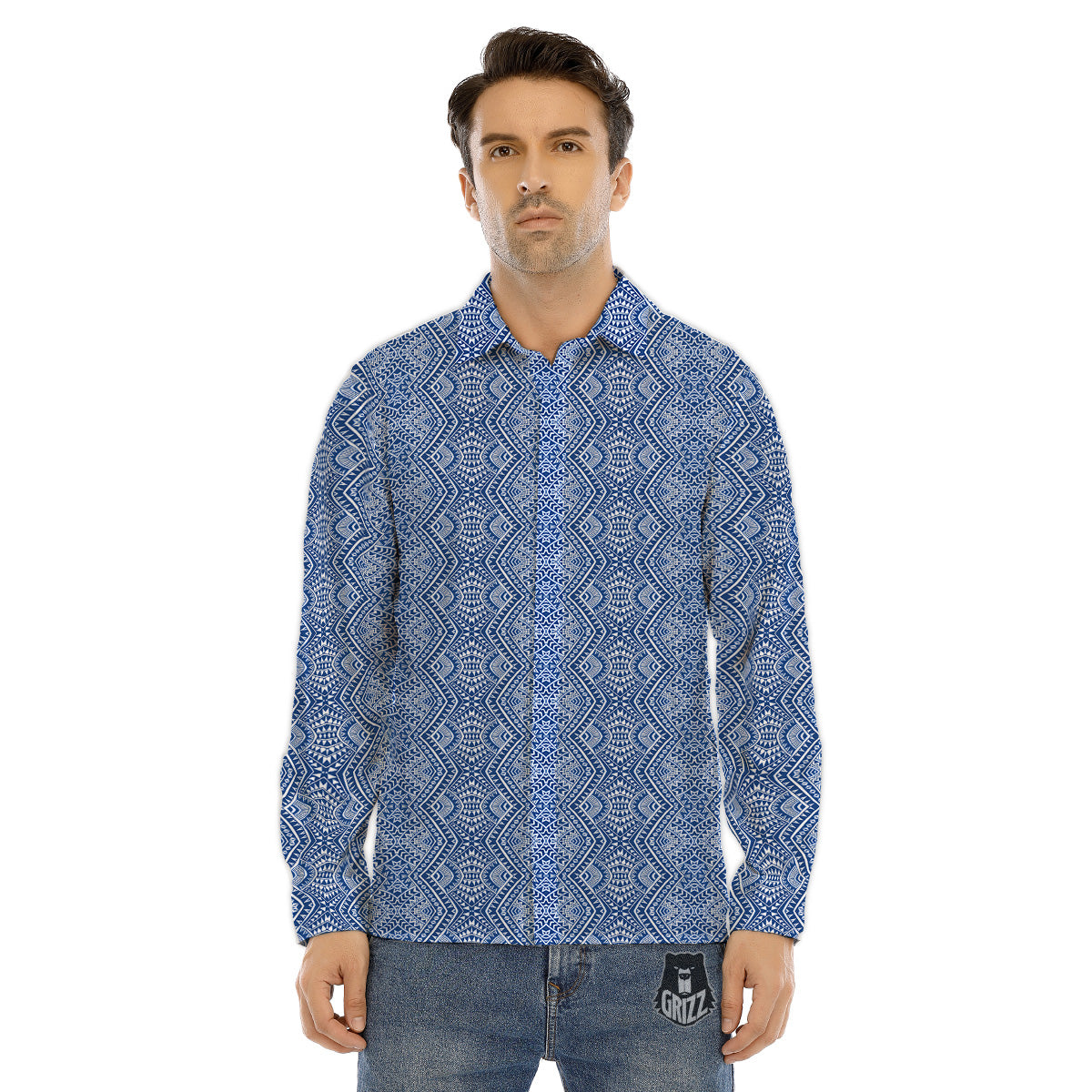 Polynesian Tribal Blue Maori Print Men's Dress Shirts-grizzshop