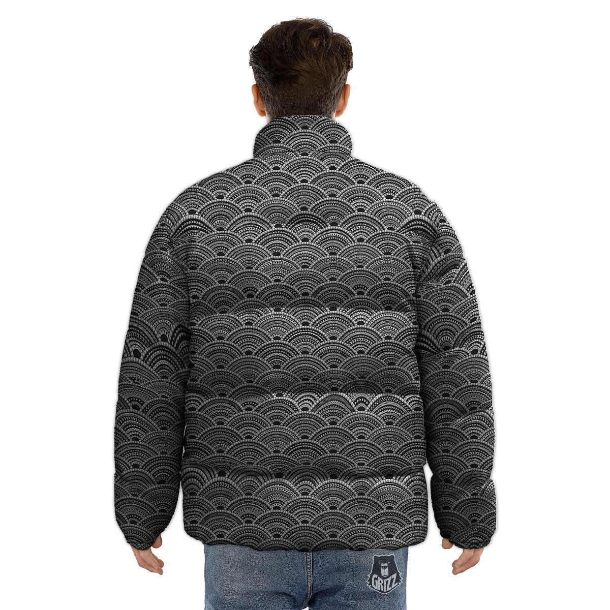 Polynesian White And Black Print Pattern Puffer Jacket-grizzshop