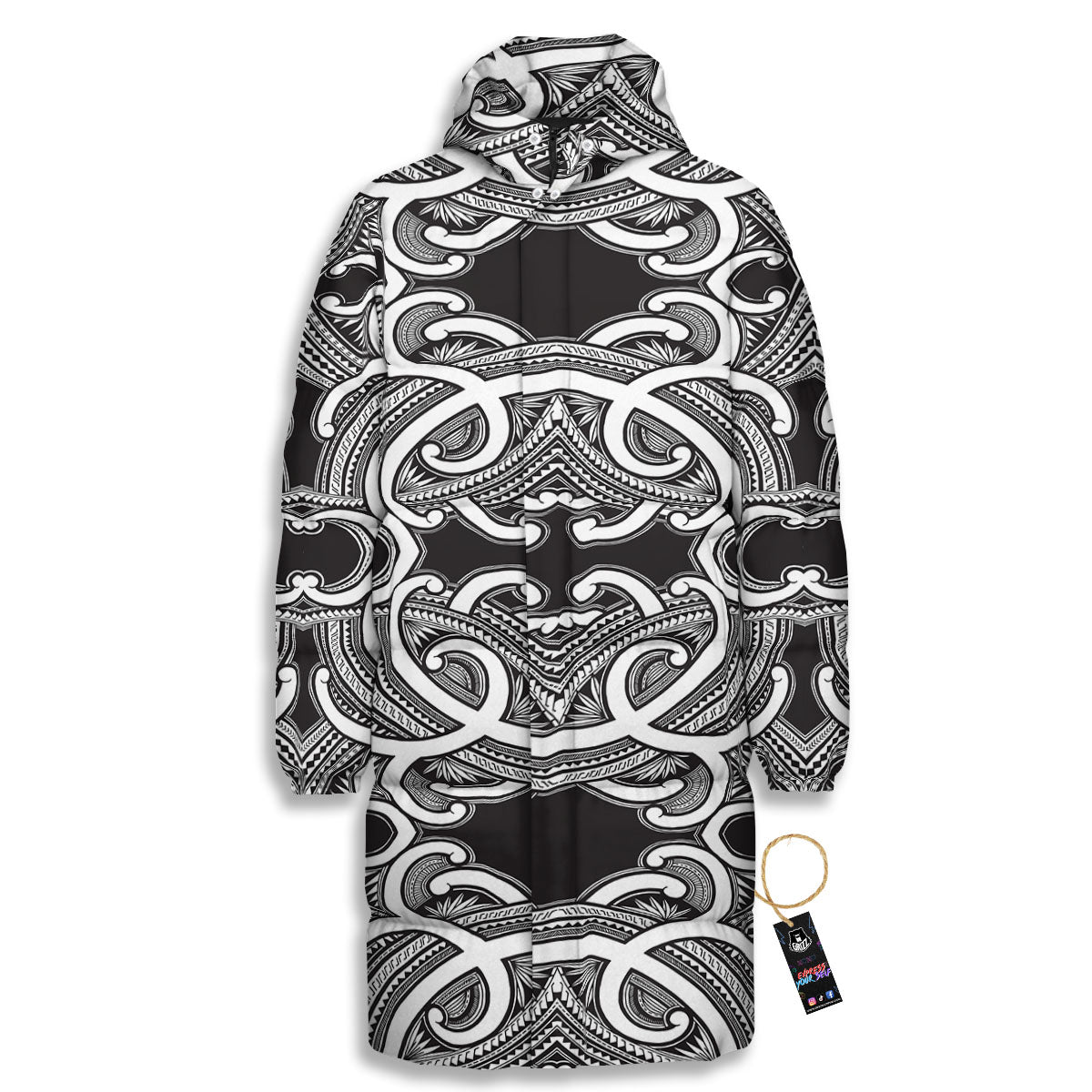 Polynesian Tattoo White And Black Print Long Down Jacket