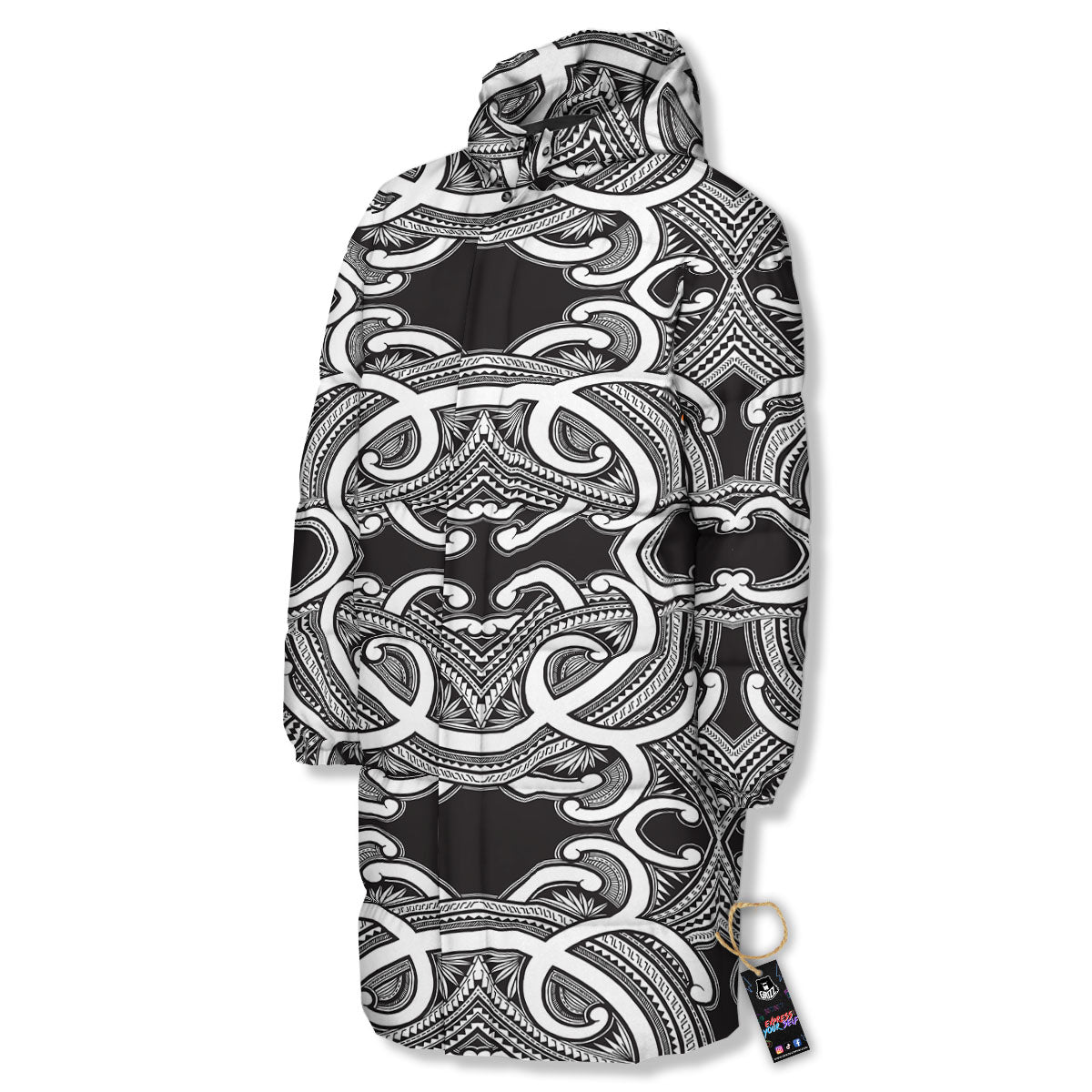 Polynesian Tattoo White And Black Print Long Down Jacket