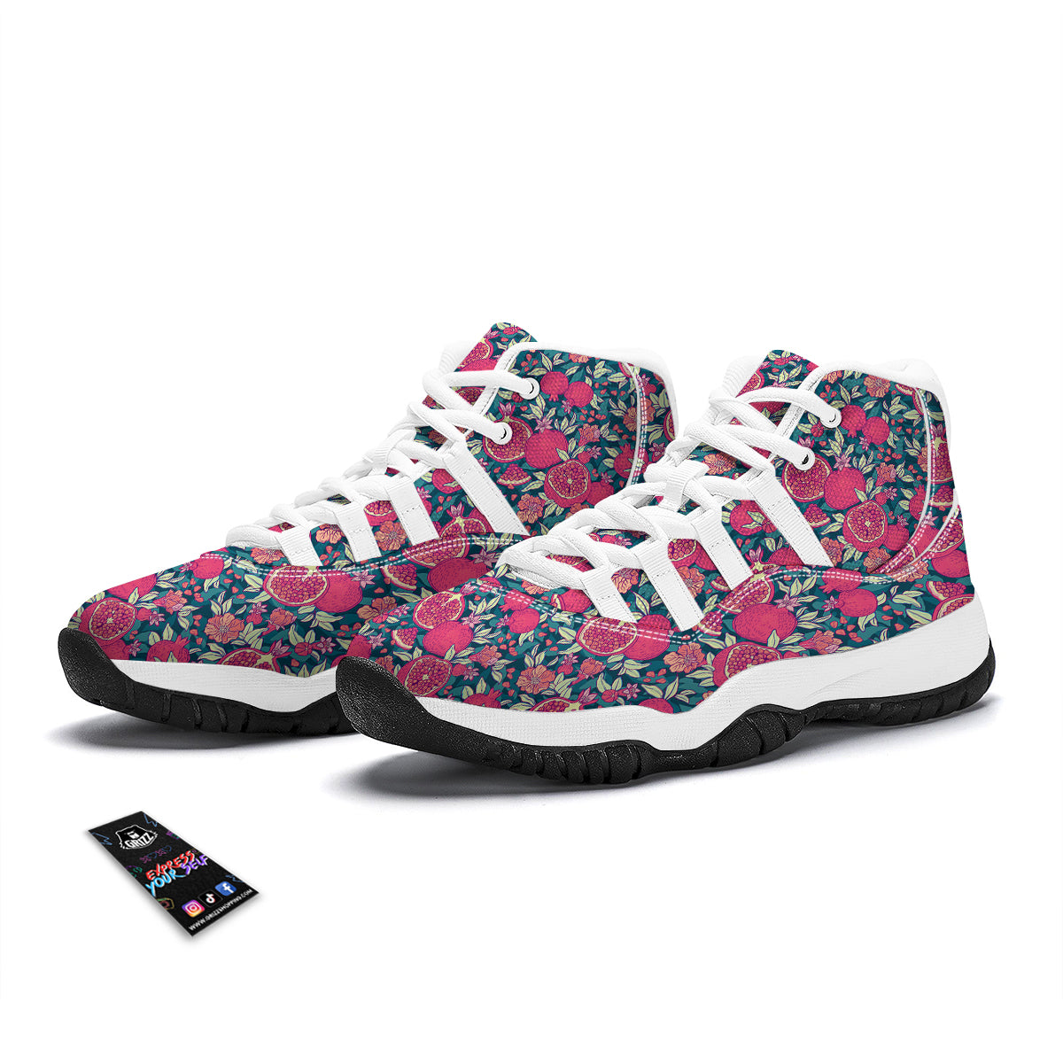 Pomegranate Floral Pattern Print White Bball Shoes-grizzshop