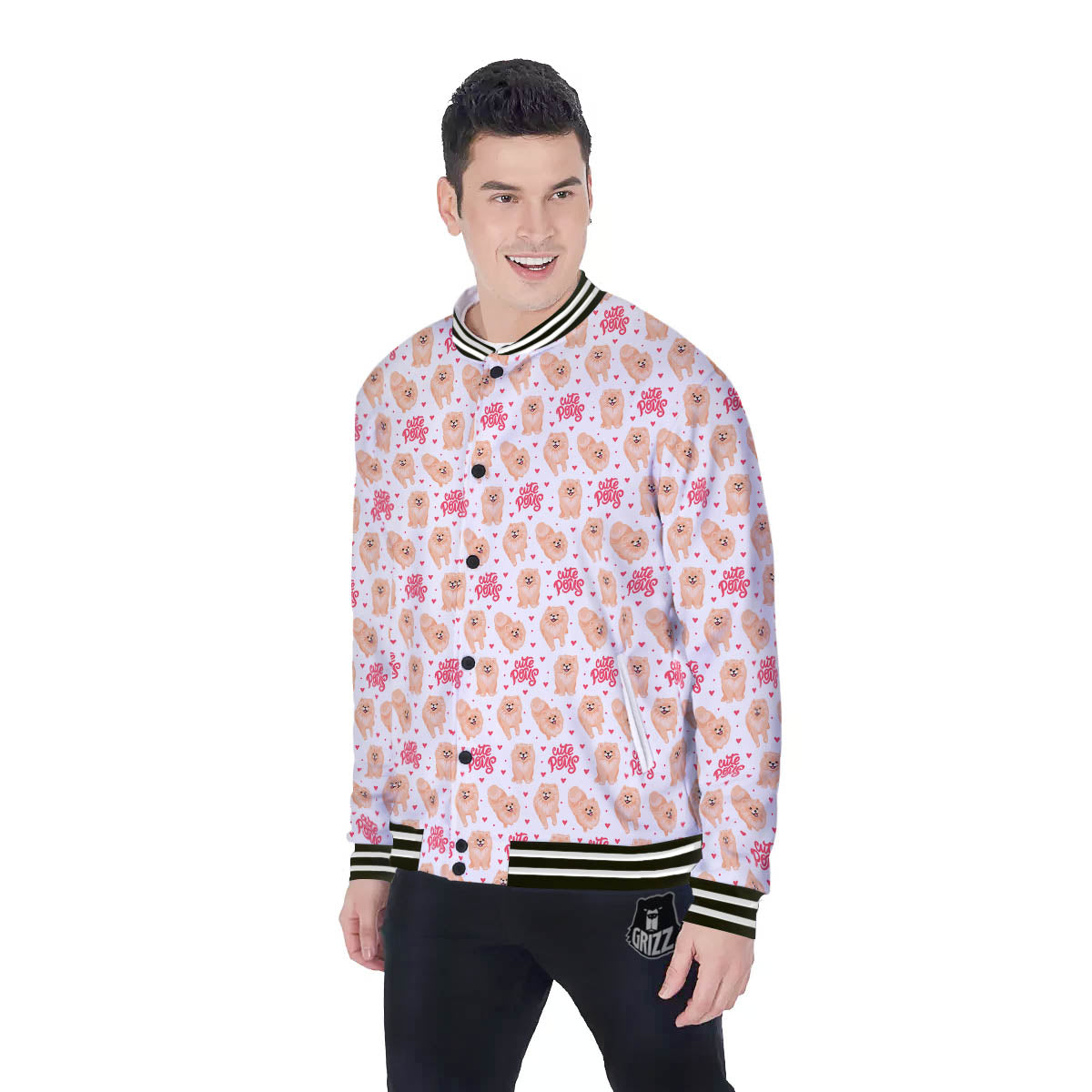 Pomeranian Cartoon Print Pattern Baseball Jacket-grizzshop