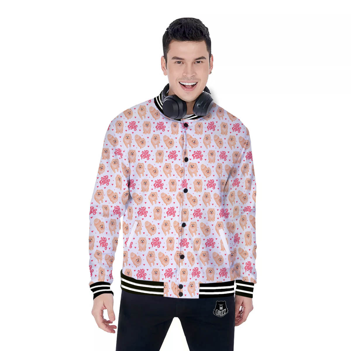 Pomeranian Cartoon Print Pattern Baseball Jacket-grizzshop