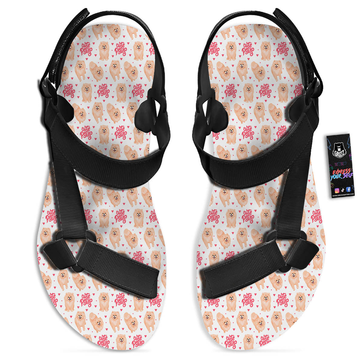 Pomeranian Cartoon Print Pattern Black Open Toe Sandals-grizzshop