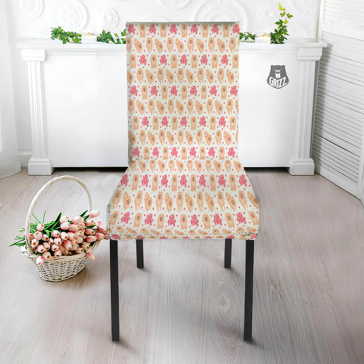 Pomeranian Cartoon Print Pattern Dining Chair Slipcover-grizzshop