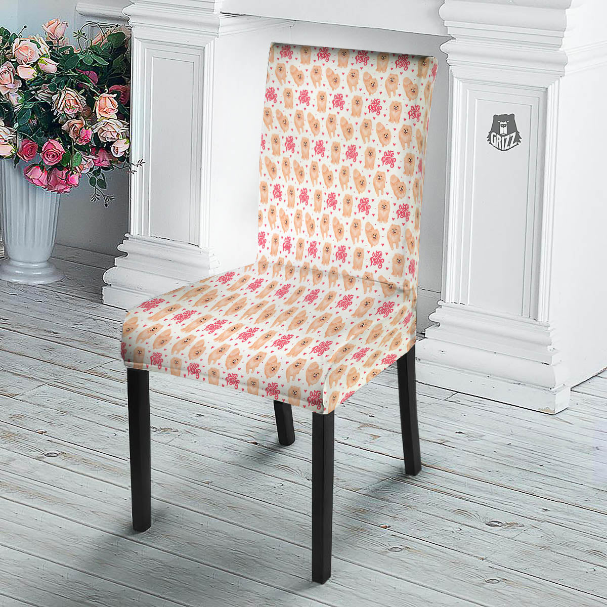 Pomeranian Cartoon Print Pattern Dining Chair Slipcover-grizzshop