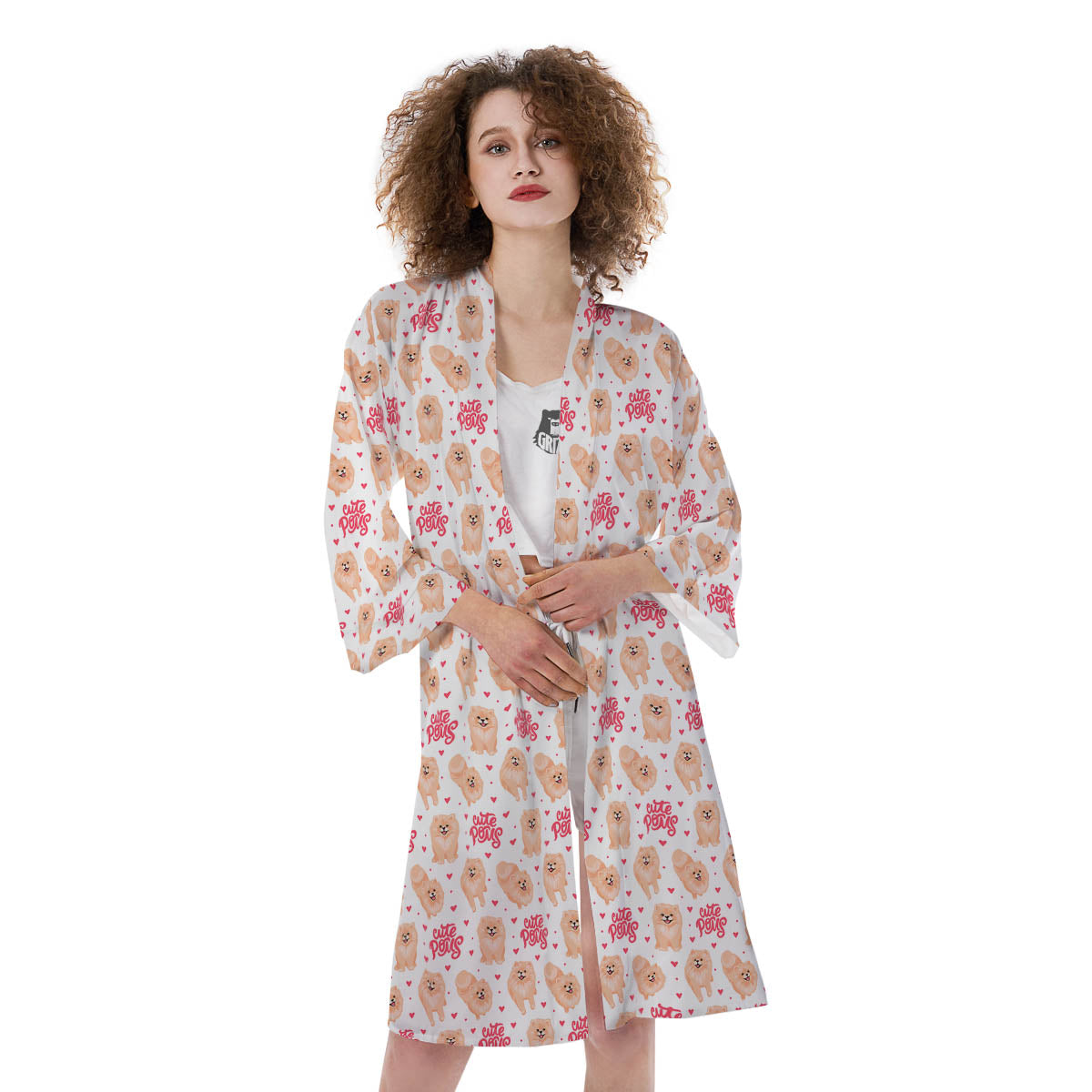 Pomeranian Cartoon Print Pattern Kimono-grizzshop