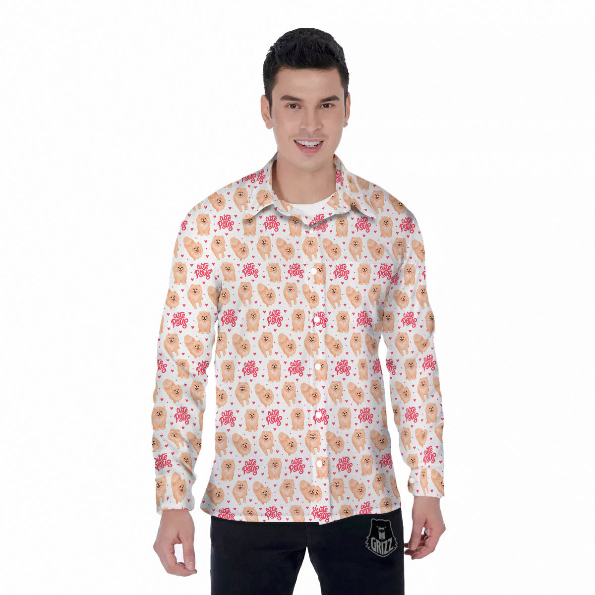 Pomeranian Cartoon Print Pattern Men's Long Sleeve Shirts-grizzshop