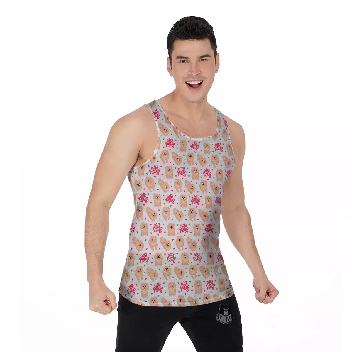 Pomeranian Cartoon Print Pattern Men's Tank Top-grizzshop
