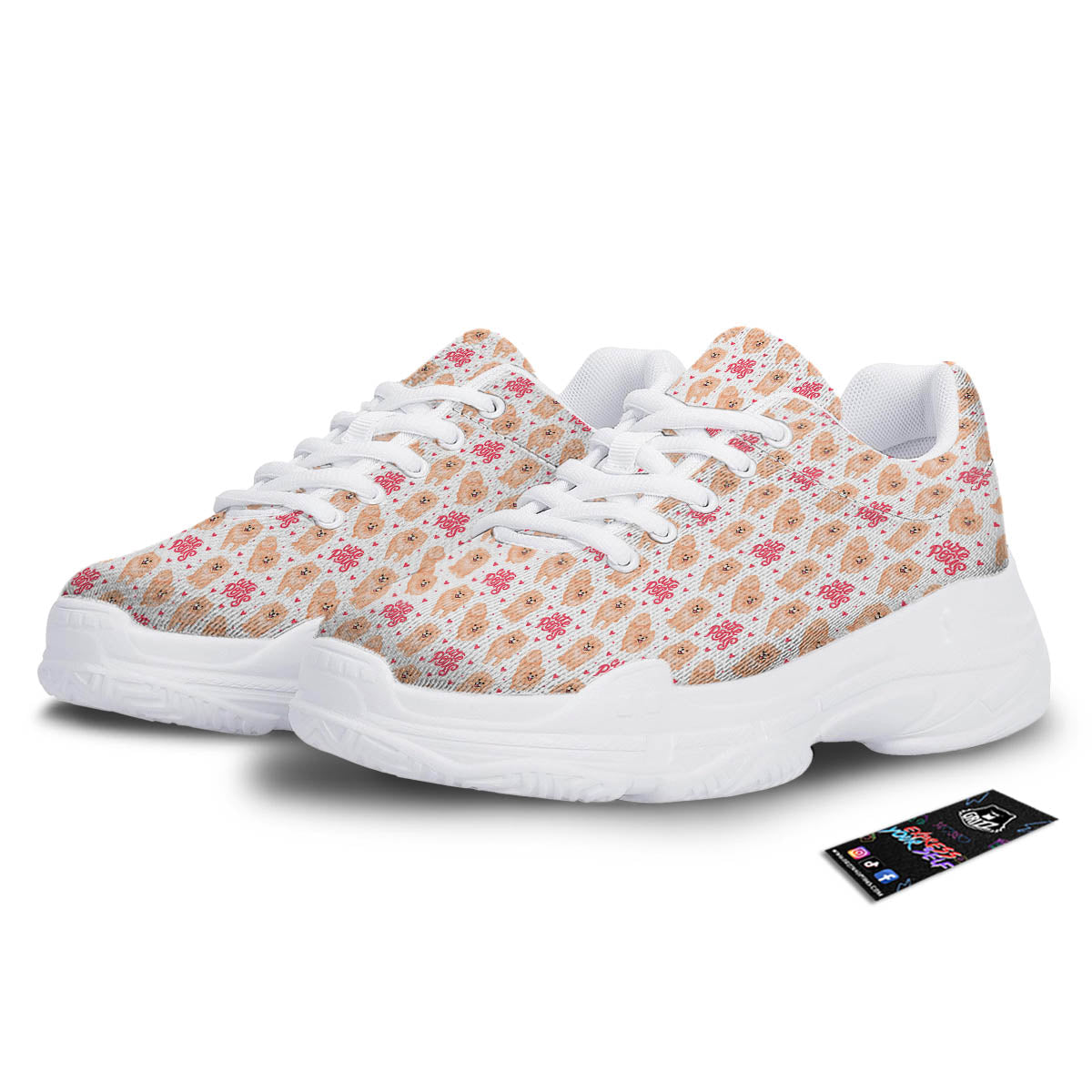 Pomeranian Cartoon Print Pattern White Chunky Shoes-grizzshop