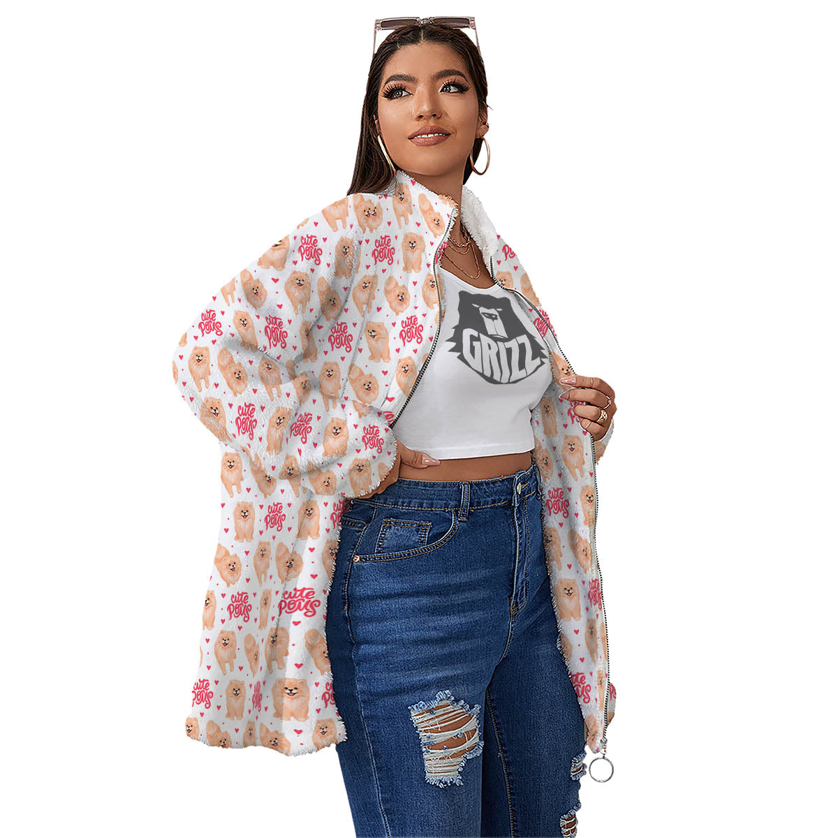 Pomeranian Cartoon Print Pattern Women's Sherpa Jacket-grizzshop
