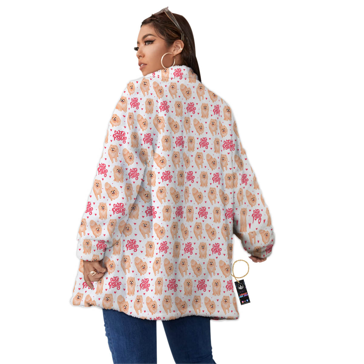 Pomeranian Cartoon Print Pattern Women's Sherpa Jacket-grizzshop