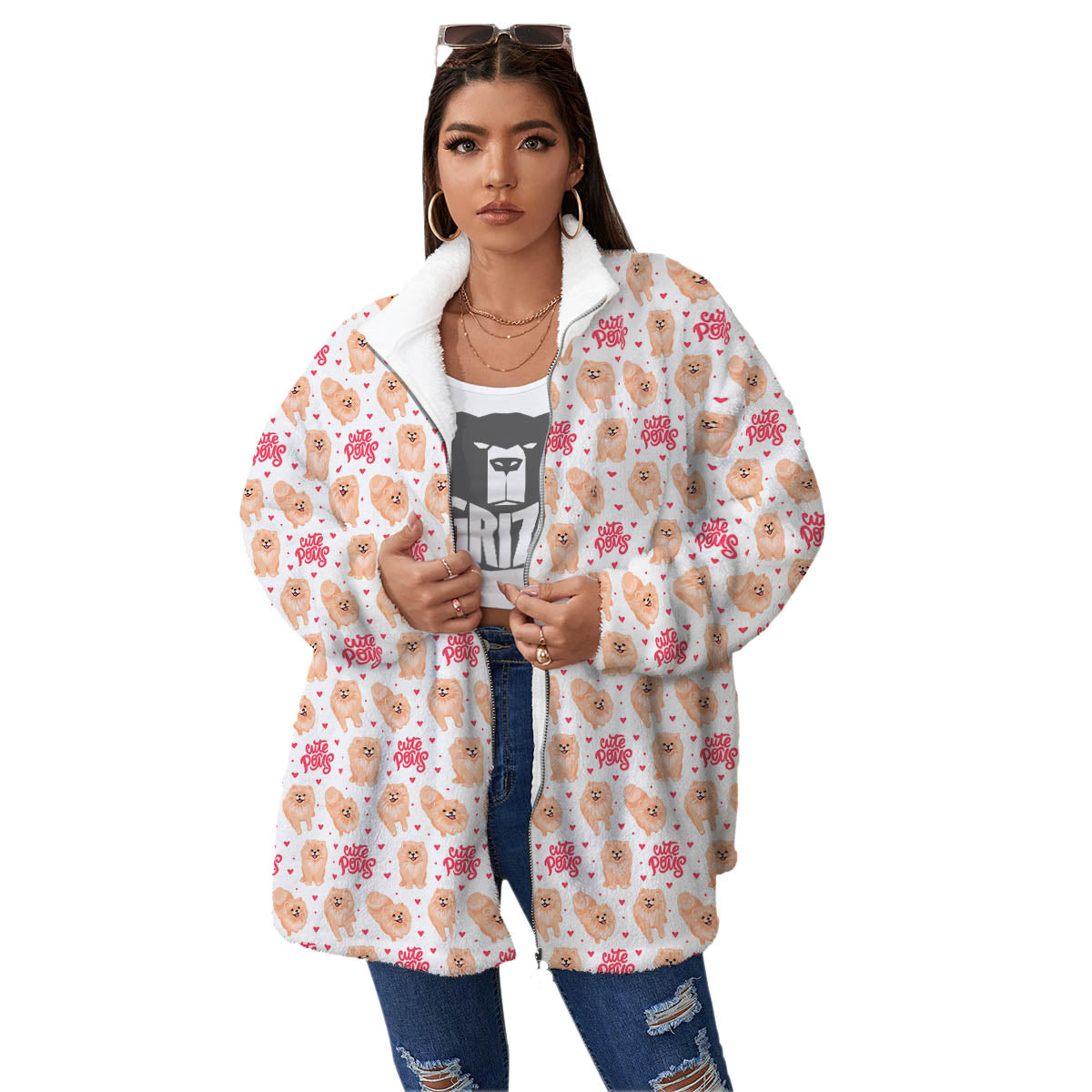 Pomeranian Cartoon Print Pattern Women's Sherpa Jacket-grizzshop