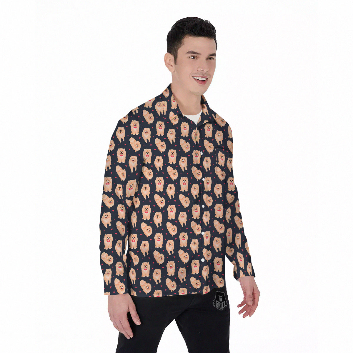 Pomeranian Cute Print Pattern Men's Long Sleeve Shirts-grizzshop
