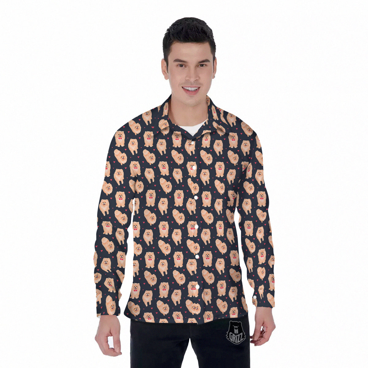 Pomeranian Cute Print Pattern Men's Long Sleeve Shirts-grizzshop