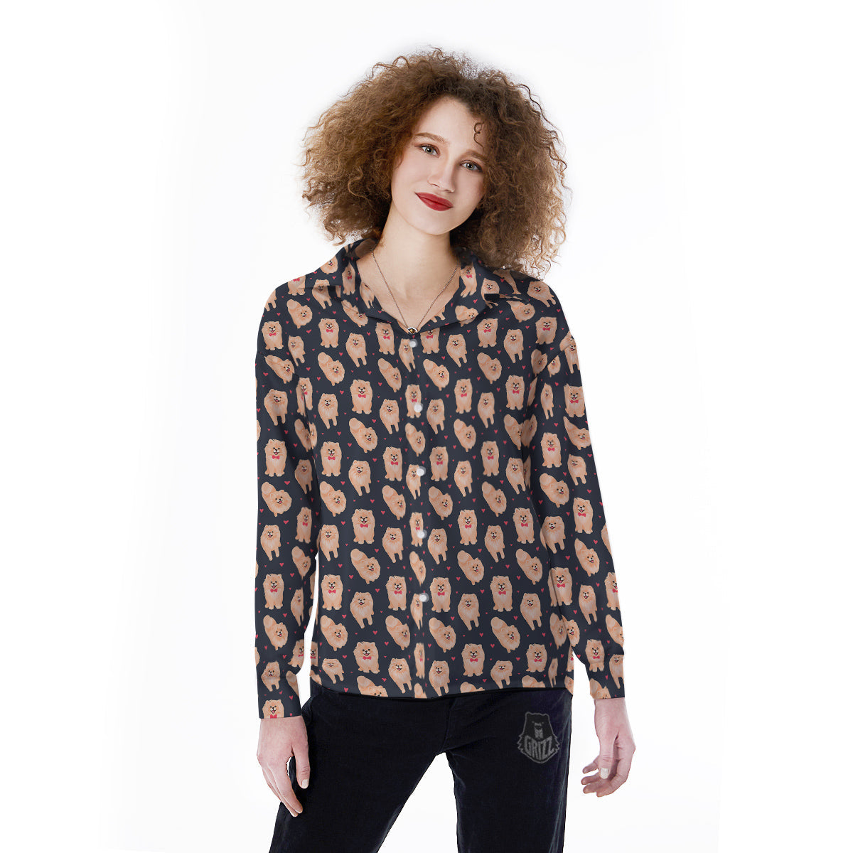 Pomeranian Cute Print Pattern Women's Long Sleeve Shirts-grizzshop