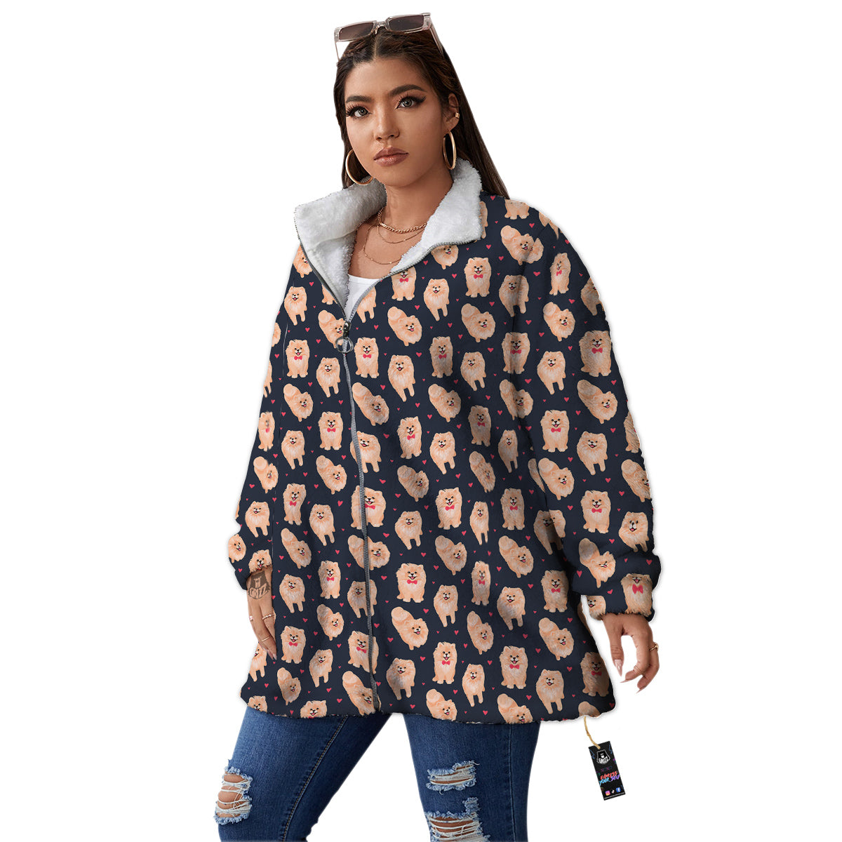 Pomeranian Cute Print Pattern Women's Sherpa Jacket-grizzshop