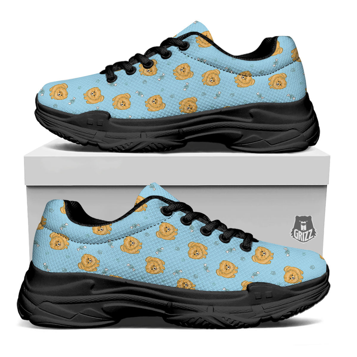 Pomeranian Little Print Pattern Black Chunky Shoes-grizzshop