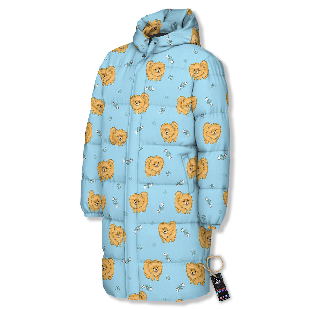 Pomeranian Little Print Pattern Long Down Jacket-grizzshop
