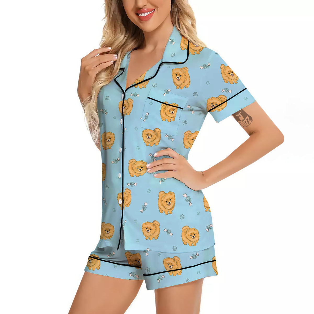 Pomeranian Little Print Pattern Women Silk Pajamas-grizzshop