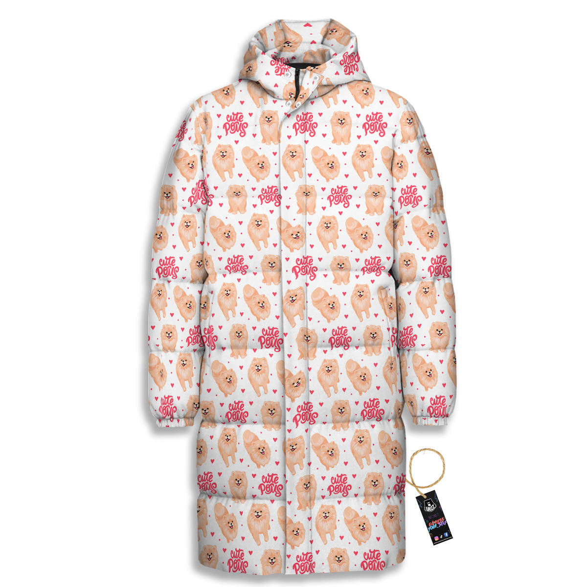 Pomeranian Cartoon Print Pattern Long Down Jacket