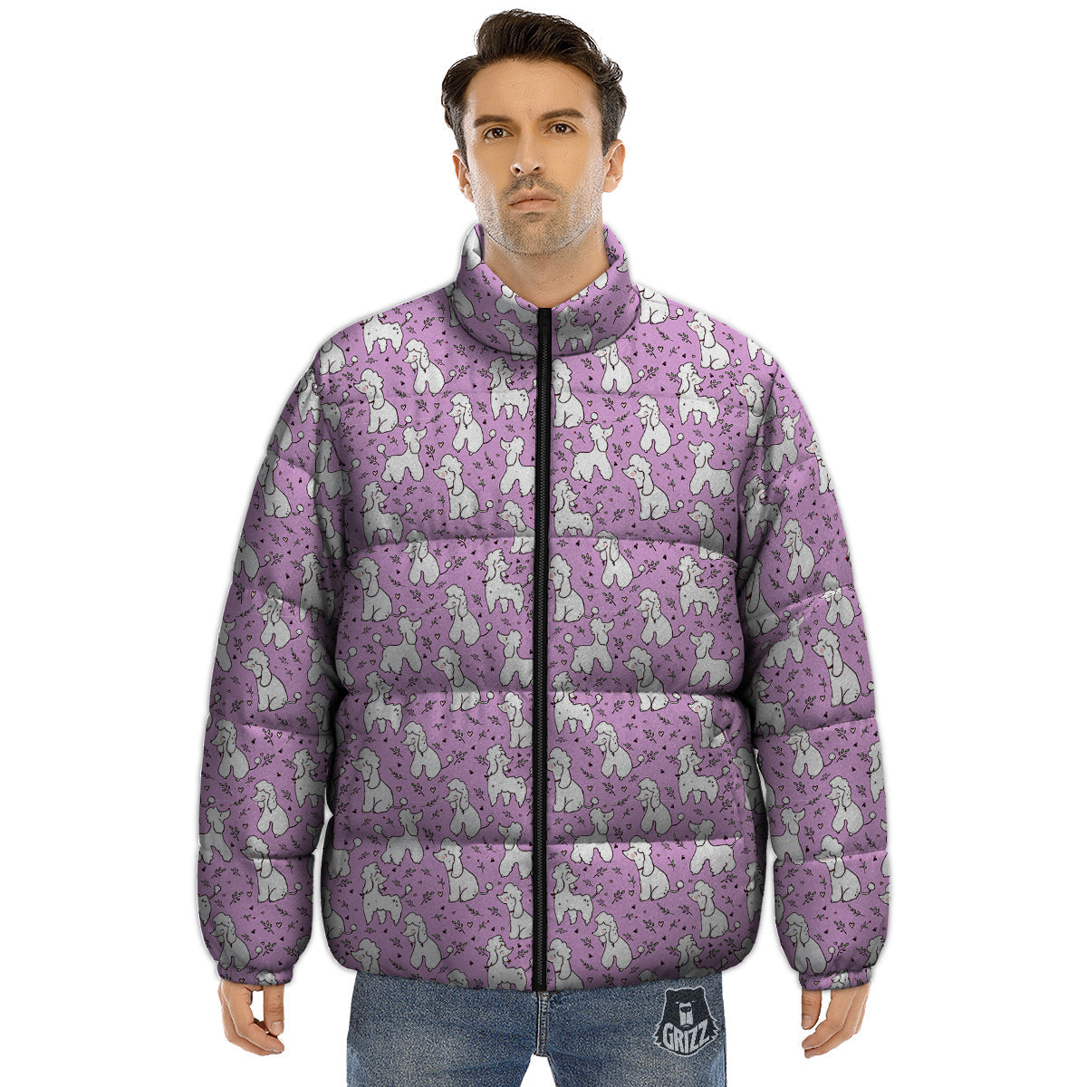 Poodle Cute Print Pattern Puffer Jacket-grizzshop
