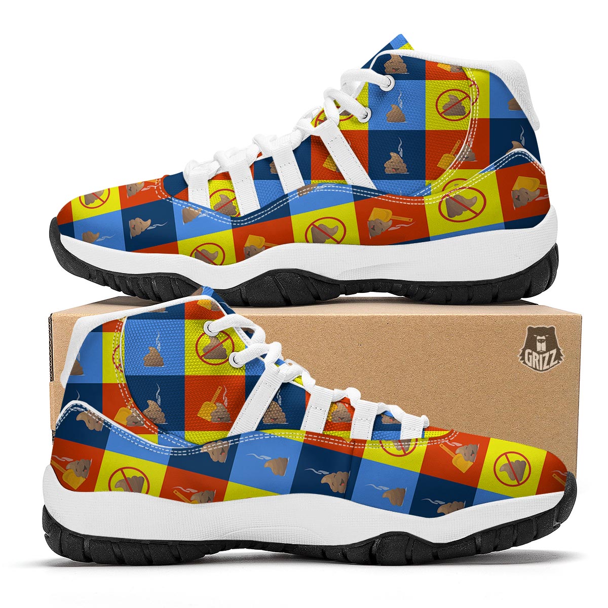 Poop Emoji Pattern Print White Bball Shoes-grizzshop
