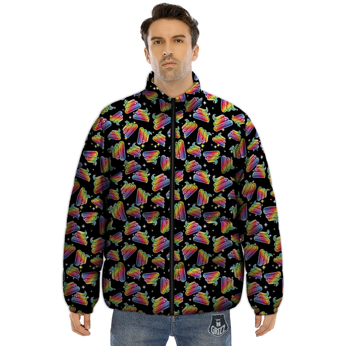 Poop Rainbow Cute Print Pattern Puffer Jacket-grizzshop