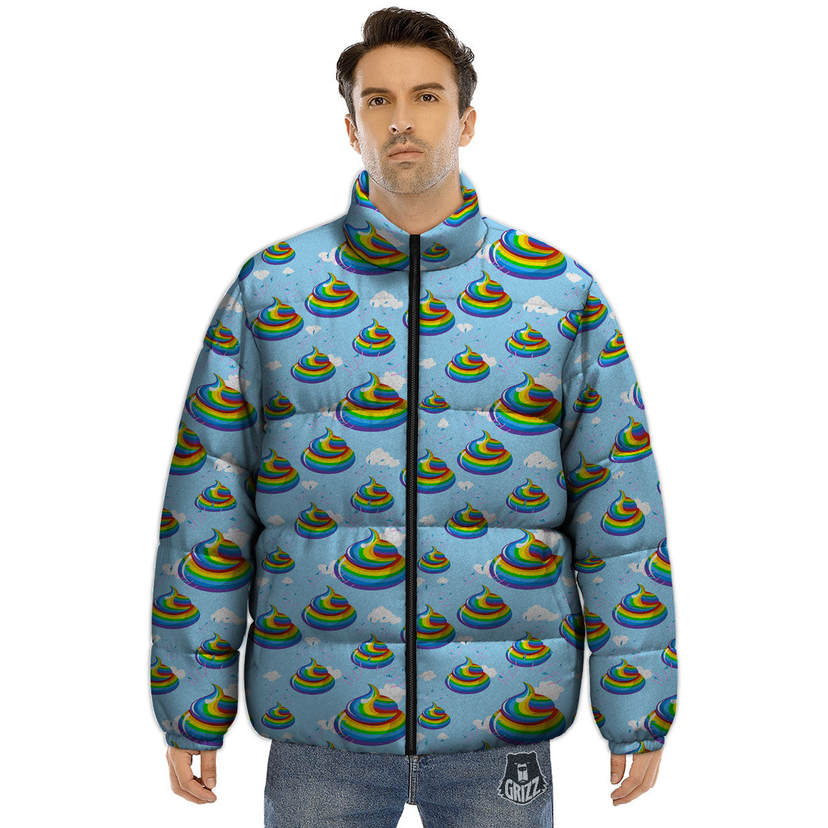 Poop Rainbow Print Pattern Puffer Jacket-grizzshop