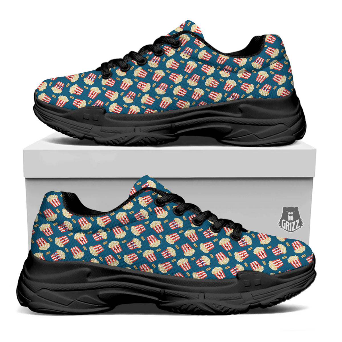 Popcorn Box Cute Print Pattern Black Chunky Shoes-grizzshop