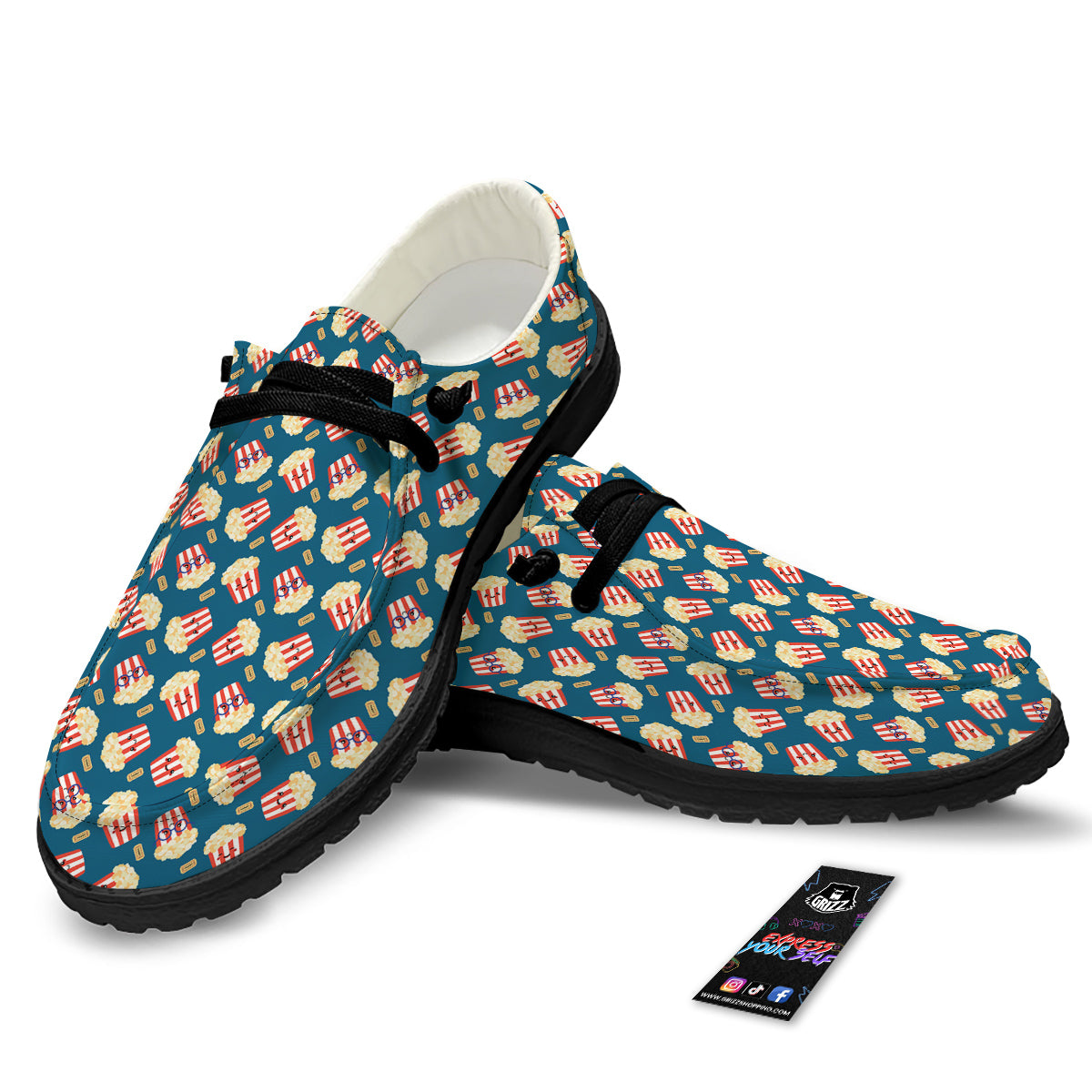 Popcorn Box Cute Print Pattern Black Loafers-grizzshop