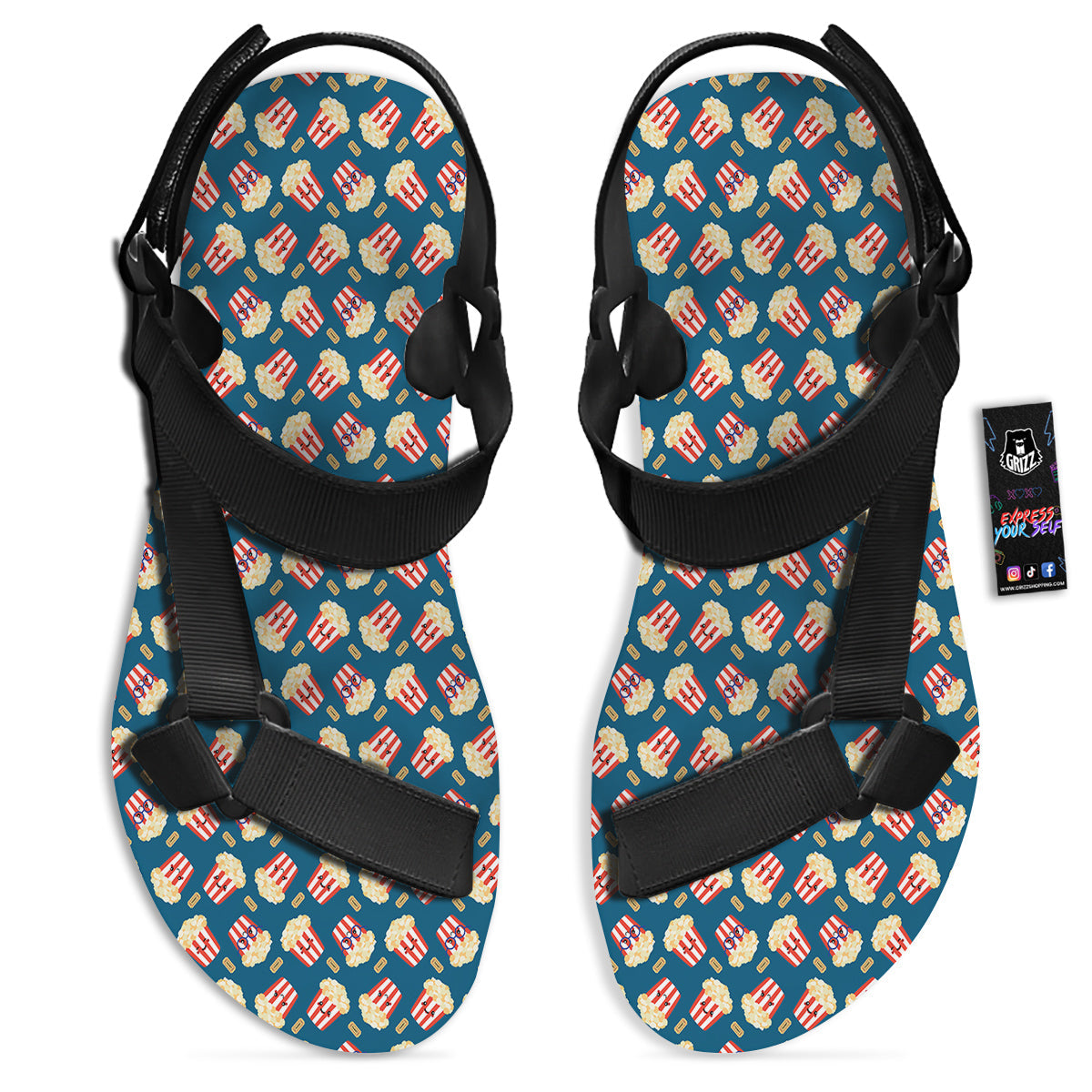 Popcorn Box Cute Print Pattern Black Open Toe Sandals-grizzshop