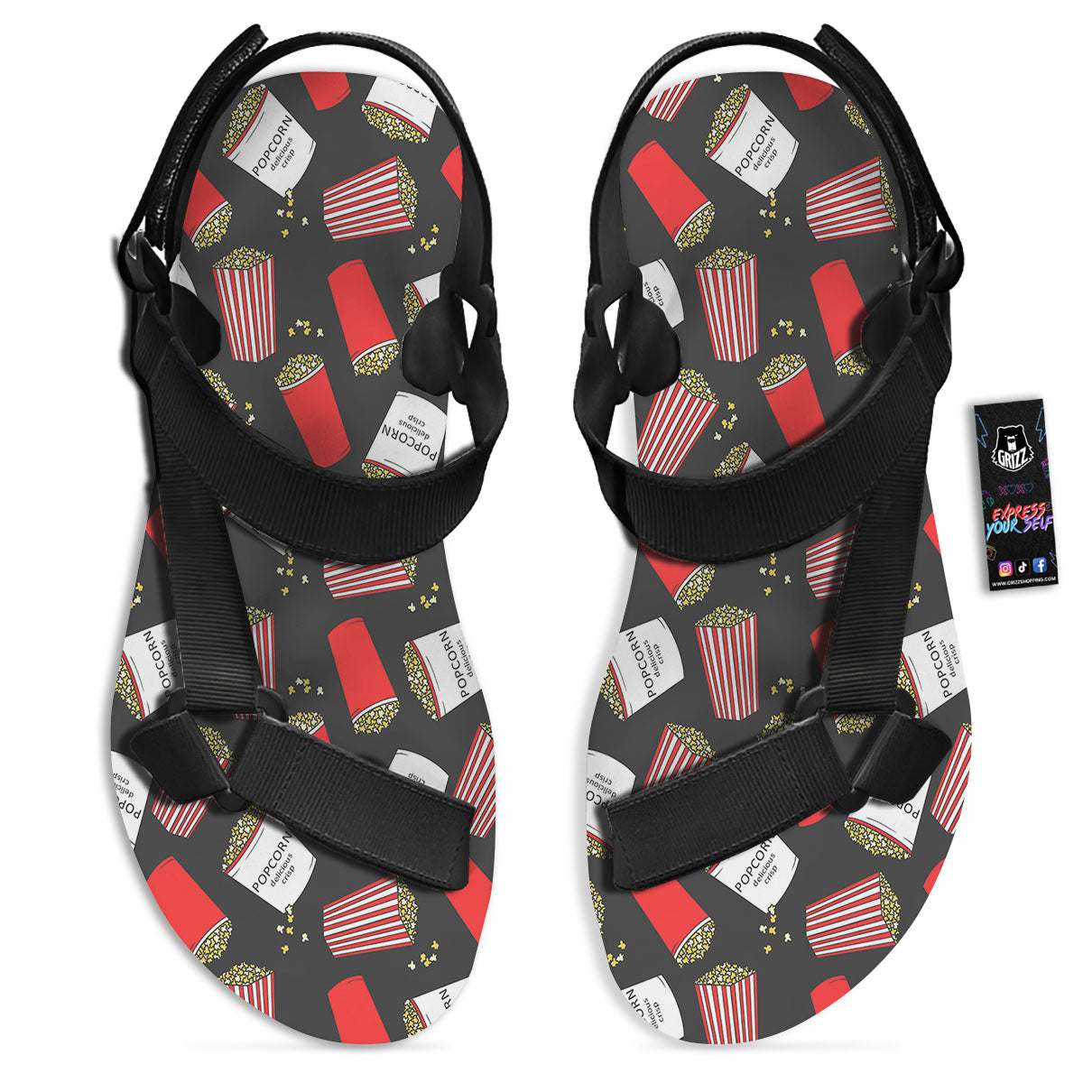 Popcorn Box Print Pattern Black Open Toe Sandals-grizzshop
