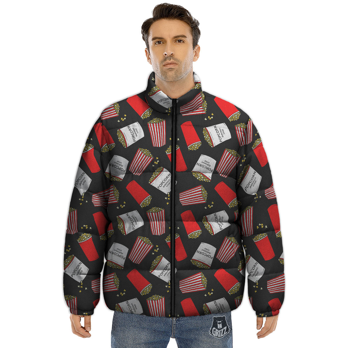 Popcorn Box Print Pattern Puffer Jacket-grizzshop