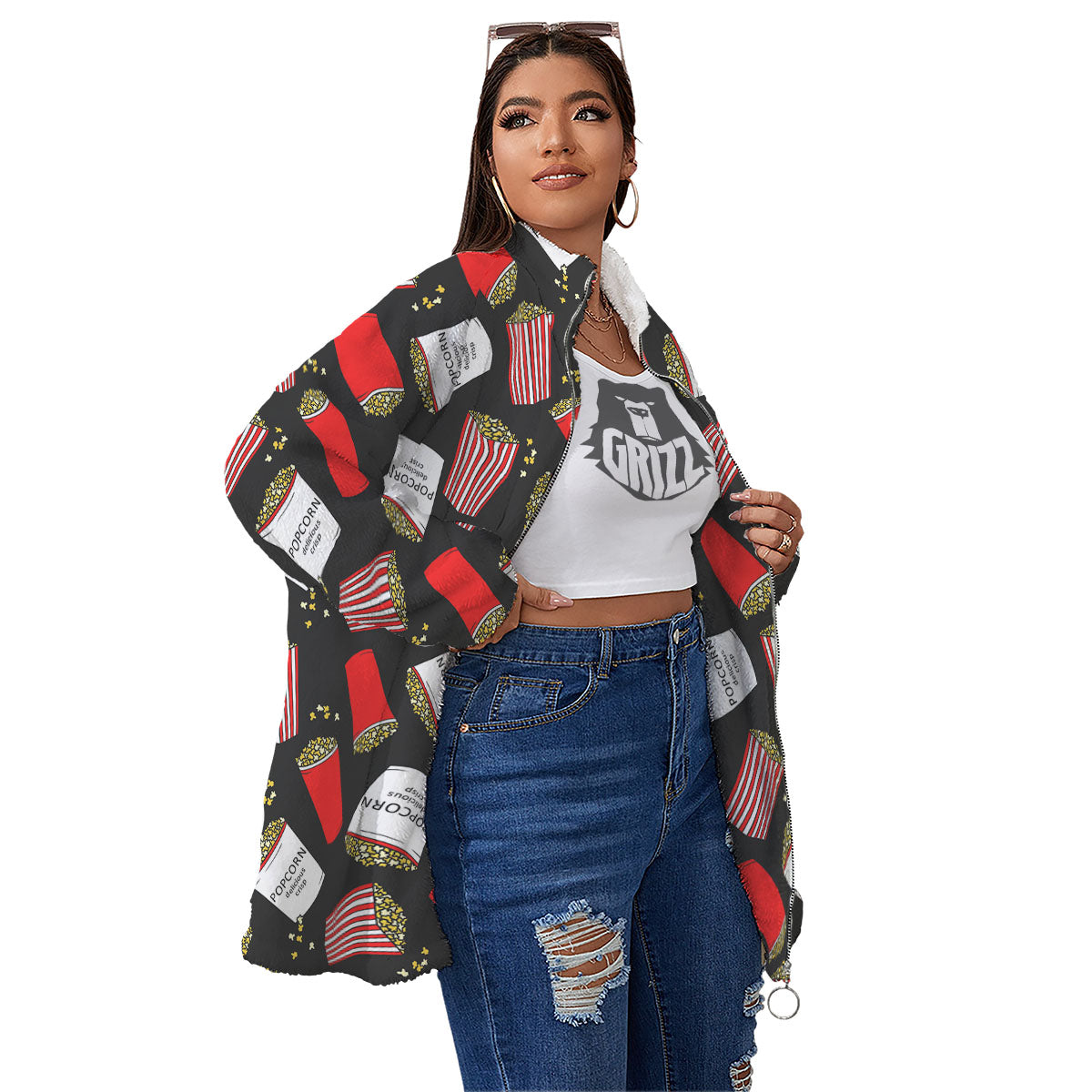 Popcorn Box Print Pattern Women's Sherpa Jacket-grizzshop