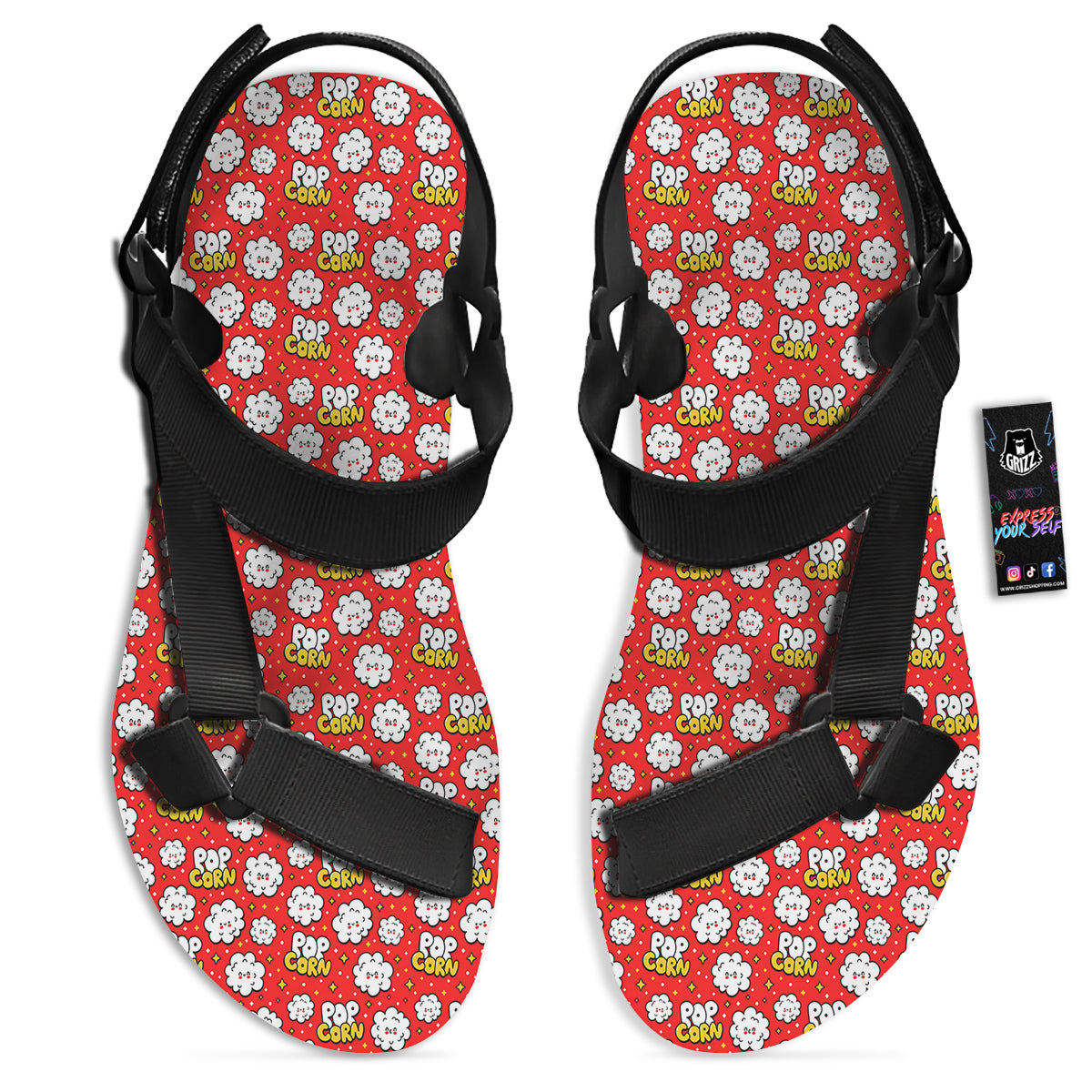 Popcorn Cute Print Pattern Black Open Toe Sandals-grizzshop