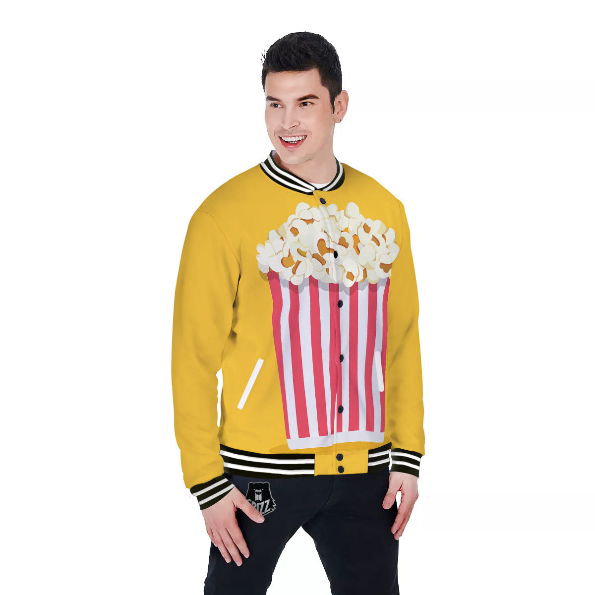 Popcorn Print Baseball Jacket-grizzshop
