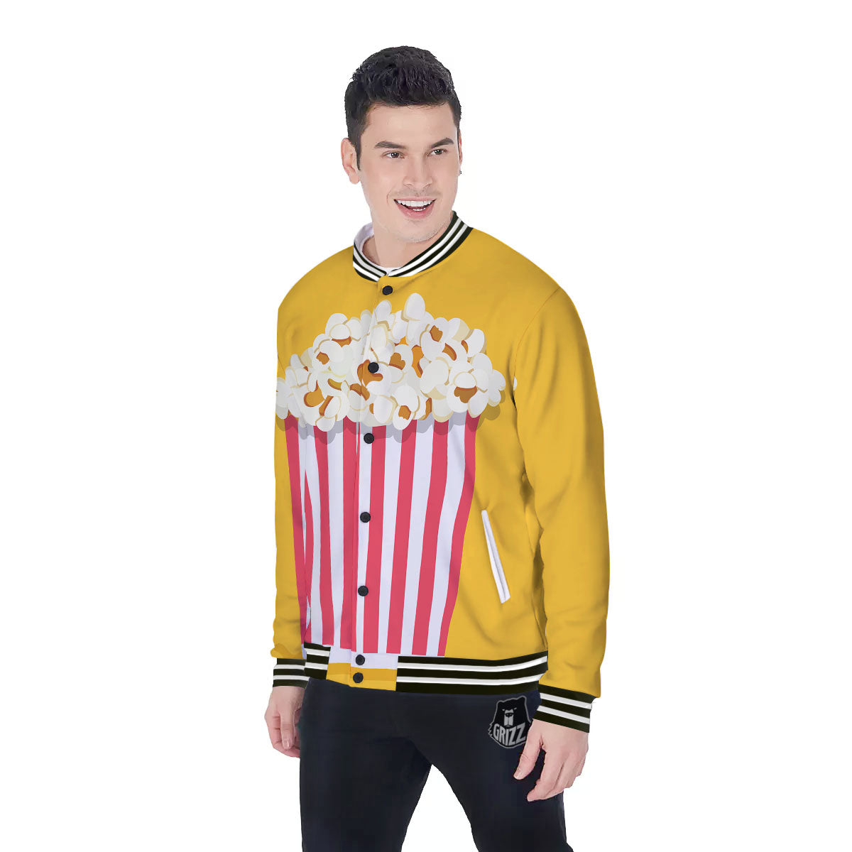 Popcorn Print Baseball Jacket-grizzshop