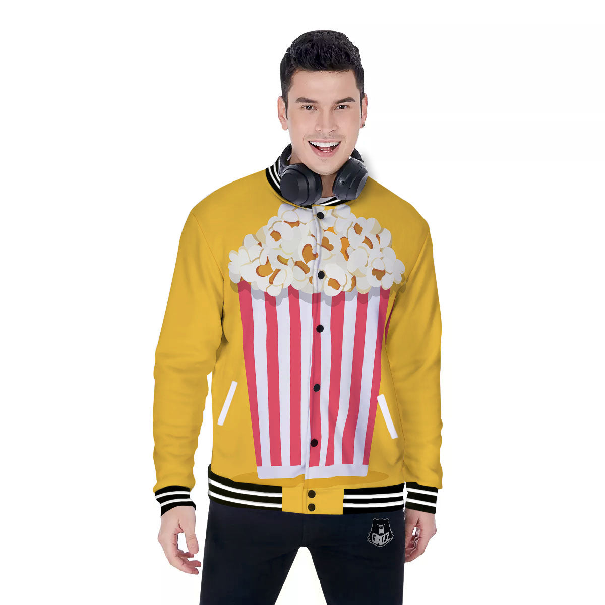 Popcorn Print Baseball Jacket-grizzshop