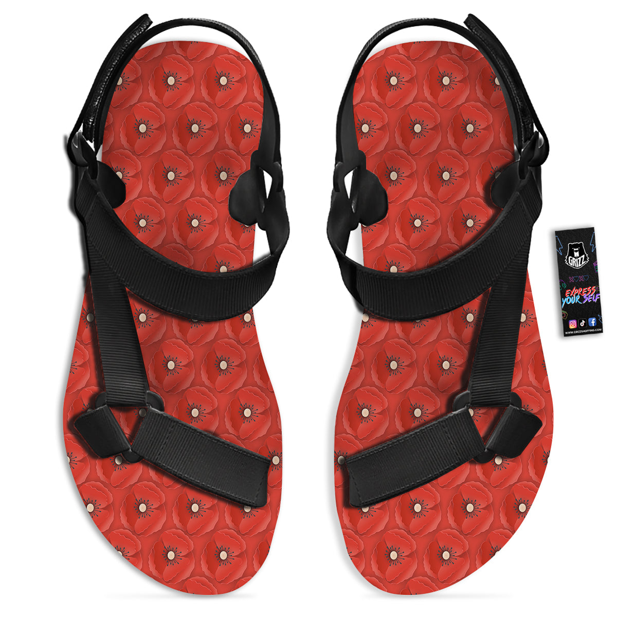 Poppy Armistice Day Print Pattern Black Open Toe Sandals-grizzshop