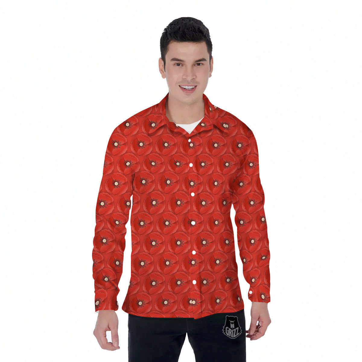 Poppy Armistice Day Print Pattern Men's Long Sleeve Shirts-grizzshop