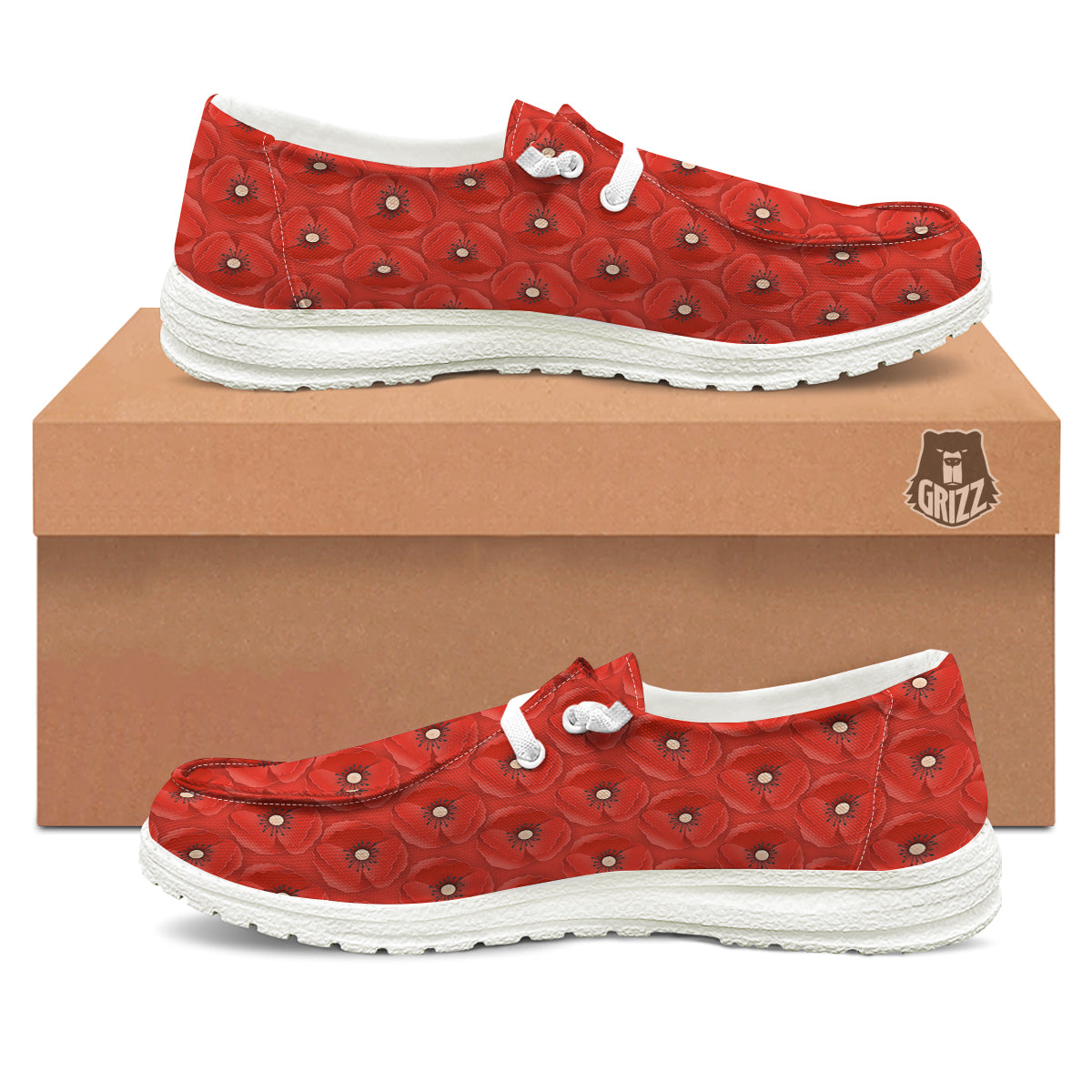 Poppy Armistice Day Print Pattern White Loafers-grizzshop