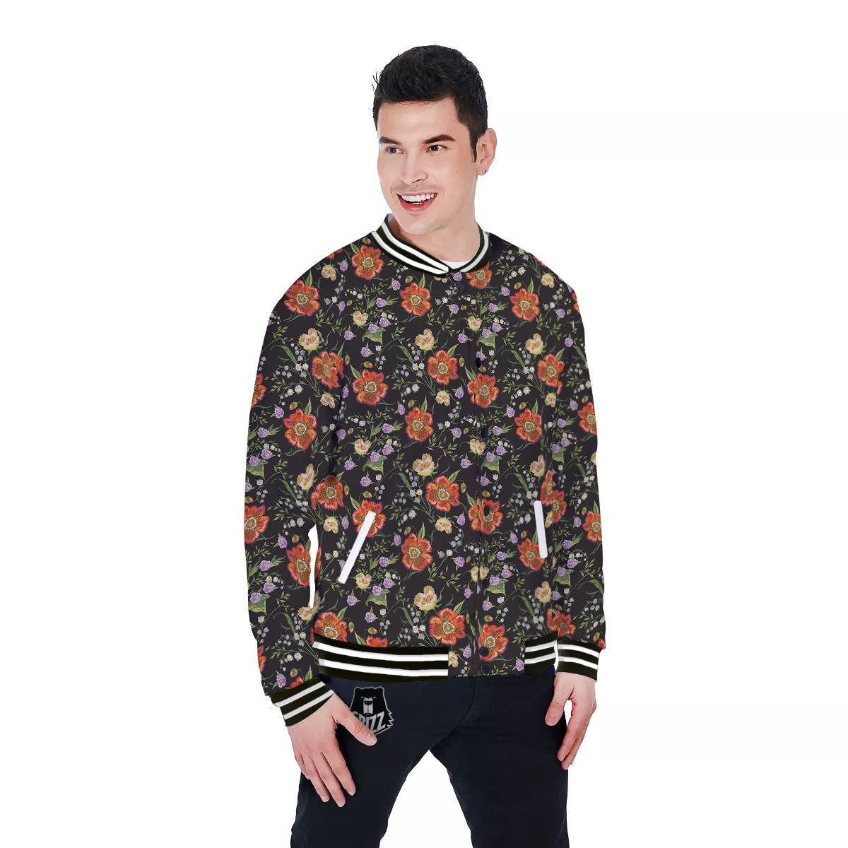 Poppy Embroidery Print Pattern Baseball Jacket-grizzshop