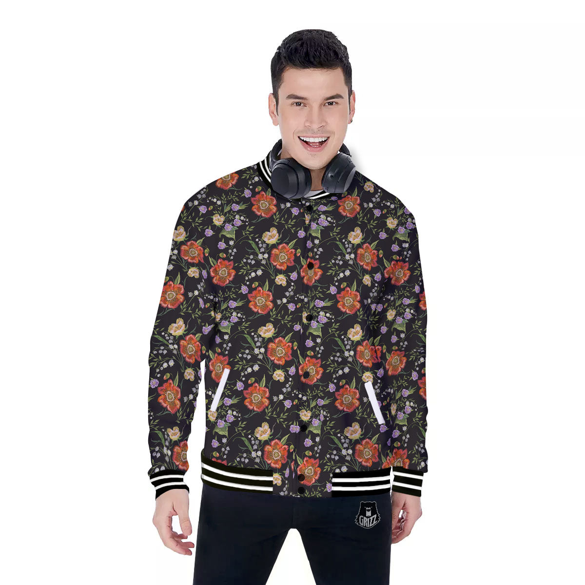 Poppy Embroidery Print Pattern Baseball Jacket-grizzshop