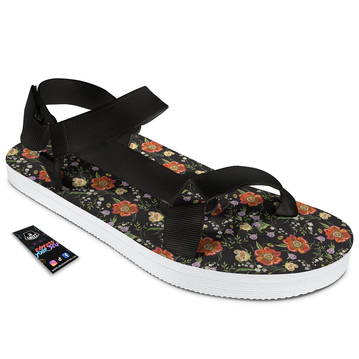 Poppy Embroidery Print Pattern Black Open Toe Sandals-grizzshop