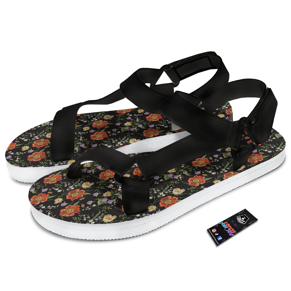 Poppy Embroidery Print Pattern Black Open Toe Sandals-grizzshop